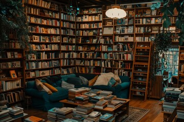 Aufkleber - a room with a couch bookshelf and a table cozy bookstore filled with towering shelves of books and comfy reading nooks