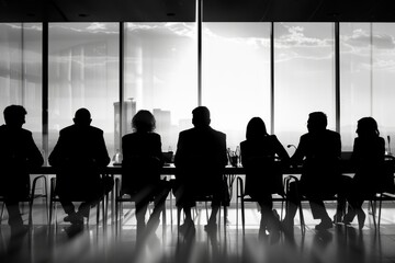 Aufkleber - a group of people sitting around a conference table crisis management meeting addressing challenges head-on