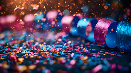 Colorful Confetti and Streamers on Black Background - Celebration Party Photo