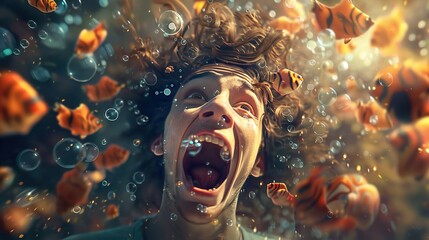 A young man screams with his mouth wide open surrounded by bubbles and orange fish.