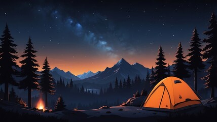 Landscape illustration background of an orange tent camping in nature under the starry night sky and surrounded by forests and mountains