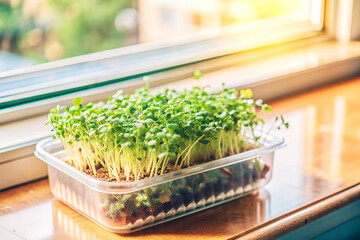 Fresh juicy microgreens in transparent containers on a windowsill near the window. Microgreens, healthy vitamin food, young edible greens of vegetables and herbs