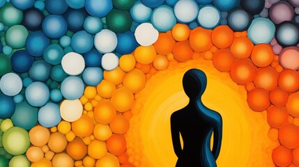 Poster - A person standing in front of a colorful circle with many balls, AI