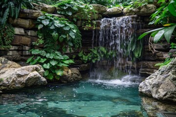 Poster - a waterfall in a tropical garden with rocks and plants hidden waterfall cascading into a tranquil pool