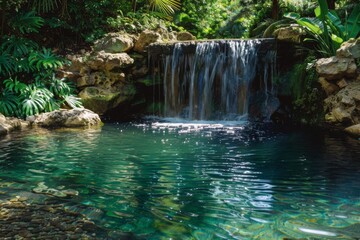 Poster - a waterfall in a tropical garden with rocks and plants hidden waterfall cascading into a tranquil pool
