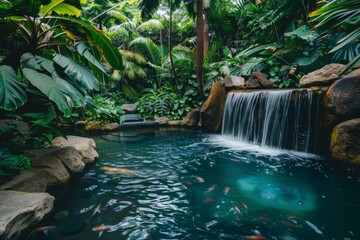 Poster - a waterfall in a tropical garden with rocks and plants hidden waterfall cascading into a tranquil pool