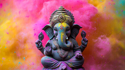 Ganesha statue with holi colors background 