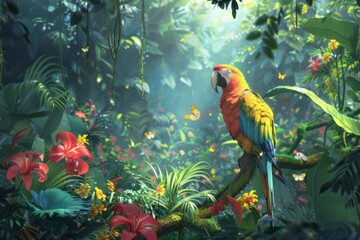 two parrots sitting on a branch in a tropical forest jungle planet teeming with exotic plant life and colorful birds