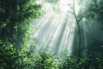 Poster - a forest with sunbeams shining through the trees lush forest with sunlight filtering through the trees