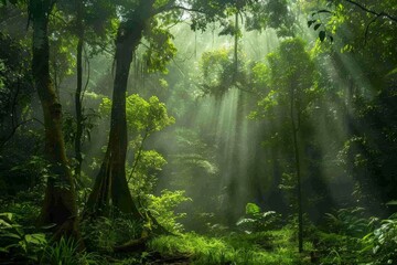 Poster - a forest with sunbeams shining through the trees lush forest with sunlight filtering through the trees