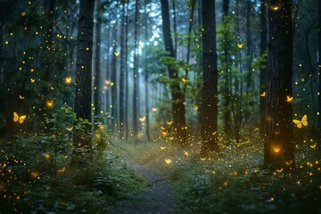 Poster - a forest filled with lots of fireflies magical forest with glowing fireflies