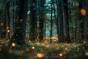 Poster - a forest filled with lots of fireflies magical forest with glowing fireflies