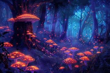 Aufkleber - a forest with mushrooms and trees in the middle magical illustration of a fairy forest with glowing mushrooms