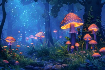 Aufkleber - a forest with mushrooms and trees in the middle magical illustration of a fairy forest with glowing mushrooms