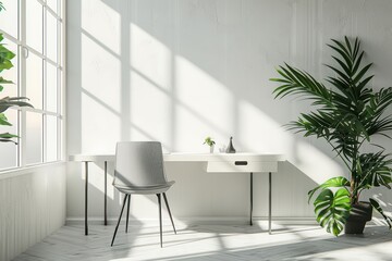 Wall Mural - A bright, modern workspace featuring a sleek desk, comfortable chair, and vibrant plant, perfect for productivity and creativity.