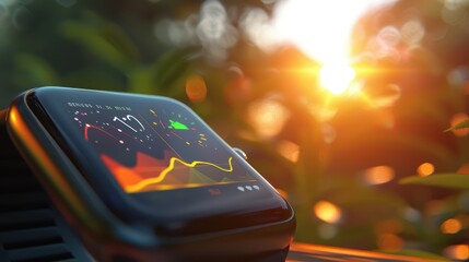 A close-up of a smart watch displaying colorful data graphs, illuminated by a warm sunset in a natural setting.