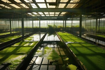 a row of glass jars filled with green plants algae biofuel farm producing renewable energy