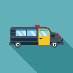 Poster - Prisoner transport bus with open door parked, side view, flat design icon with long shadow on turquoise blue background