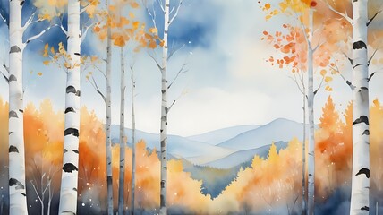 Digital painting artwork background of a scene showing a path in the middle of an autumn forest with thin white trees with yellow leaves and a misty sky with the sun shining in the sky.
