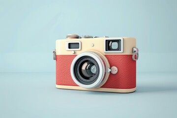 Poster - a yellow camera with a lens on a blue background animated 3D icon of a camera represents photography