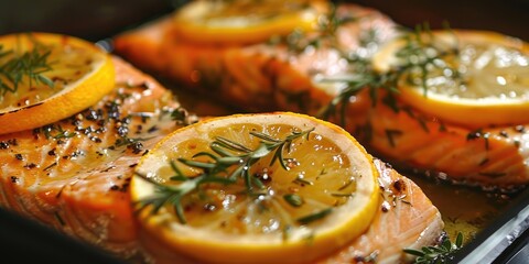 Canvas Print - Salmon Steak Baked with Fresh Lemon and Herbs