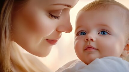 Canvas Print - A woman and baby looking at each other with a blue background, AI