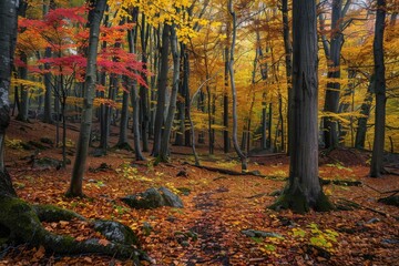 Poster - a forest with lots of trees and leaves peaceful woodland alive with the colors of autumn