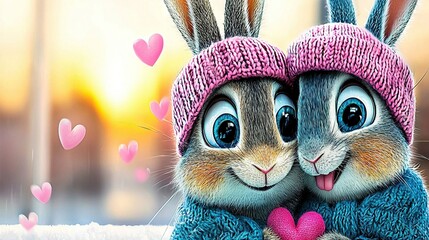   A pair of rabbits sitting together, wearing knitted hats and scarves, surrounded by heart-shaped objects