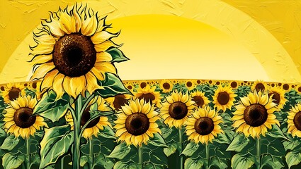 Digital painting artwork vector landscape of a sunflowers that extend to the end of the picture and get surrounded by trees, clouds and shiny sun
