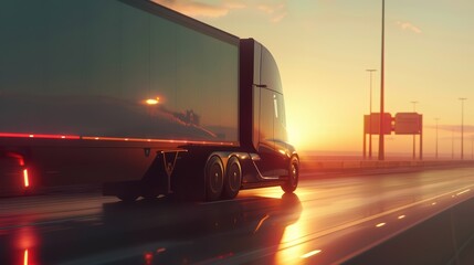 Wall Mural - A sleek truck drives down a reflective highway at sunset, showcasing modern transportation in tranquil surroundings.