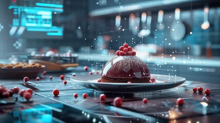 A stunning dessert presentation featuring a glossy dome topped with berries, set in a modern kitchen with a futuristic atmosphere.