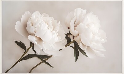 Poster - Two Delicate White Peonies with Green Stems on a Light Background