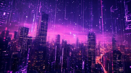 Poster - vibrant urban skyline at night featuring digital rain effects against a purple backdrop