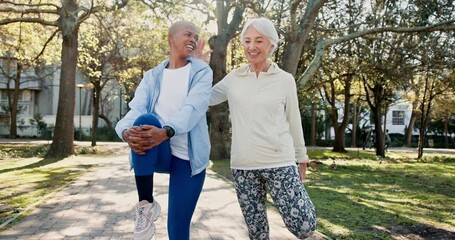 Poster - Old people, running and stretching legs in nature, outdoor warm up and training in park for fitness. Senior women, support and flexibility for muscle wellness in retirement, preparation and talking