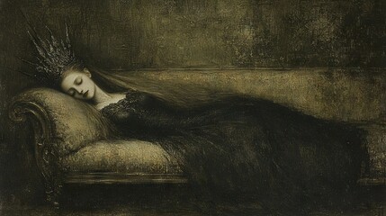 Canvas Print -   A painting of a reclining woman with her eyes shut and her head propped against a chair's backrest