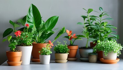 Green plants and flower pots on a table show the harmony and beauty of nature and life.