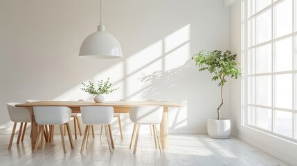 Wall Mural - Bright and minimalist dining room design featuring a wooden table, white chairs, and natural light streaming through large windows.