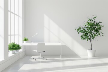 Wall Mural - Bright and minimalistic workspace featuring a white desk, modern chair, and green plants for a serene working environment.