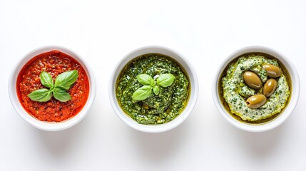 Wall Mural - white bowls, each filled with a different creamy pesto