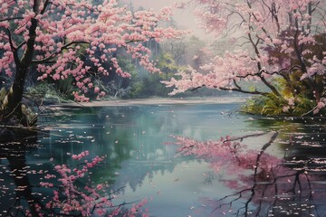 Poster - a painting of a river with pink flowers Create a tranquil scene with cherry blossom trees reflecting on a still pond