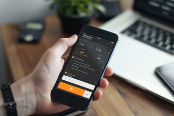 Fototapete - a person holding a cell phone in their hand Create a user interface for a budgeting and expense tracker app