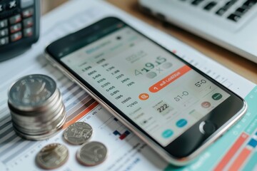 Fototapete - a person holding a cell phone in their hand Create a user interface for a budgeting and expense tracker app