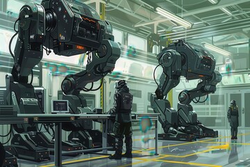 Poster - a row of robots lined up in a room Encounter a facility where robots and humans work side by side leveraging their unique strengths in perfect harmony