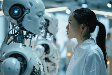 Poster - a row of robots lined up in a room Encounter a facility where robots and humans work side by side leveraging their unique strengths in perfect harmony