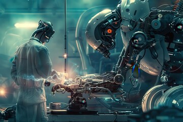 Poster - a row of robots lined up in a room Encounter a facility where robots and humans work side by side leveraging their unique strengths in perfect harmony