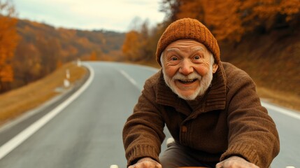 Canvas Print - A man riding a bike down the road in front of trees, AI