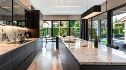 Wall Mural - Modern kitchen featuring sleek black cabinetry and a marble countertop with natural light flooding in from large windows.