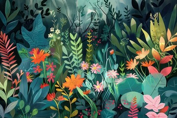 Poster - a painting of a garden with flowers and plants Generate an abstract illustration that represents the beauty and essence of a well-tended garden