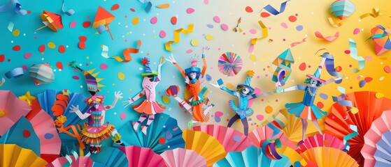 Vibrant celebration scene with colorful dancers, confetti, and festive decorations creating a joyful atmosphere.