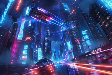 Fototapete - a city street with neon lights and cars futuristic cityscape at night with neon lights and flying cars